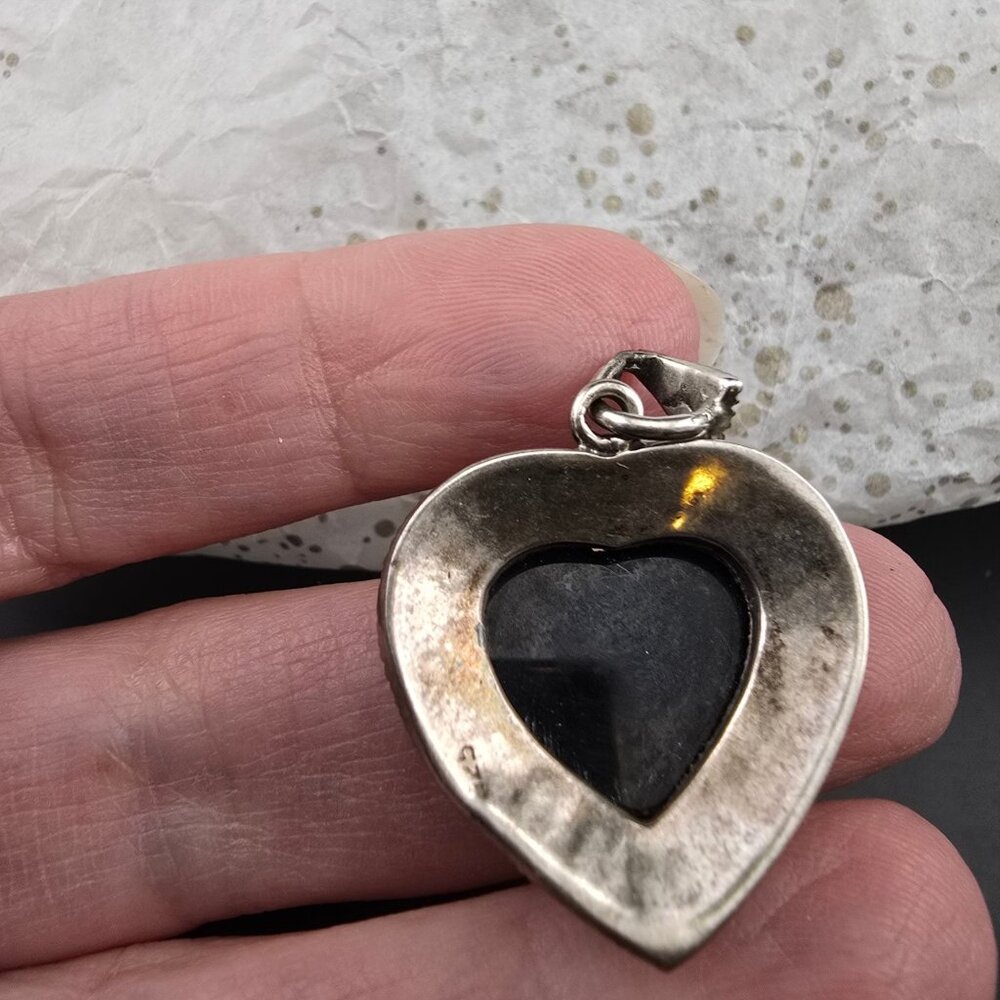 Vintage Heart-Shaped Pendant Marcasite 925 Sterling Silver Black Stone - Picture 10 of 11